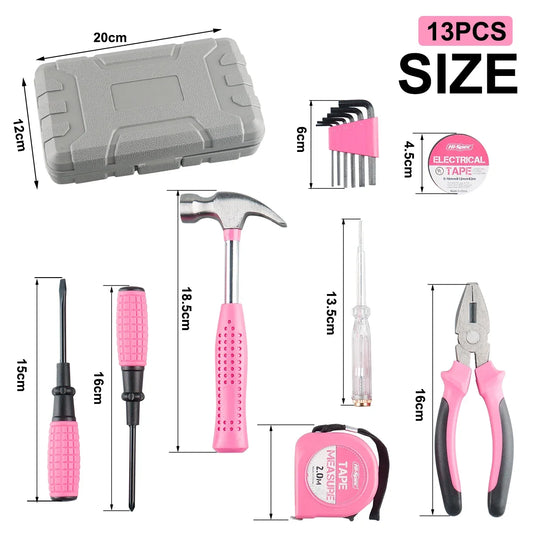 13PCS Tool Set General House hold Hand Tool Kit with Plastic Toolbox Storage Case Used to Car repair And home Repair