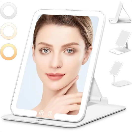 Rechargeable Travel Makeup Mirror Portable Travel Lighted Makeup Mirror with 3 Color Modes Dimmable Compact Silm Tabletop LED V