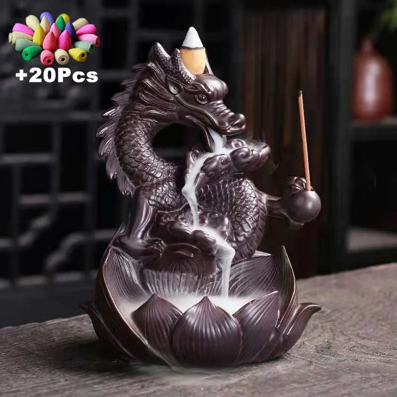 Lotus Dragon Ceramic Home Ornaments Waterfall Backflow Incense Burner Incense Stick Holder Dragon Censer