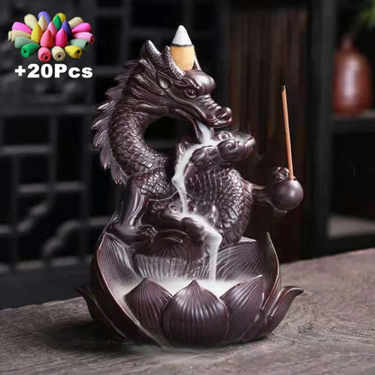 Lotus Dragon Ceramic Home Ornaments Waterfall Backflow Incense Burner Incense Stick Holder Dragon Censer