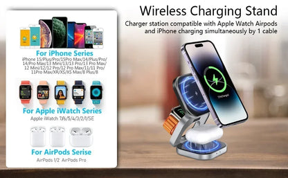 3 In 1 Magnetic Wireless Charger Stand For iPhone 16 15 14 Pro Max IWatch AirPods 3/2 Foldable Fast Charging Holder Dock Station