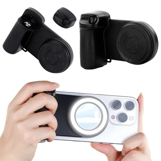For Magsafe Bluetooth-Compatible Shutter Phone Hand Grip Camera Handle Grip Selfie Stablizer with Fill Light & Reflective Mirror