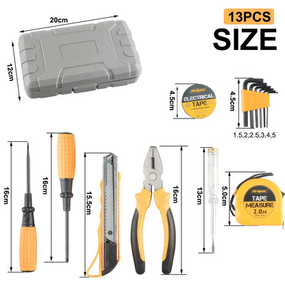 13PCS Tool Set General House hold Hand Tool Kit with Plastic Toolbox Storage Case Used to Car repair And home Repair