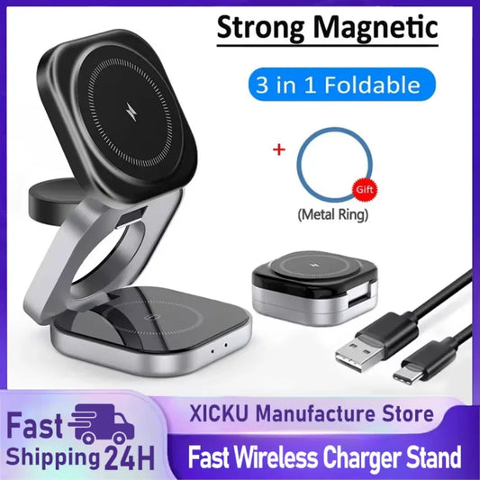 3 In 1 Magnetic Wireless Charger Stand For iPhone 16 15 14 Pro Max IWatch AirPods 3/2 Foldable Fast Charging Holder Dock Station