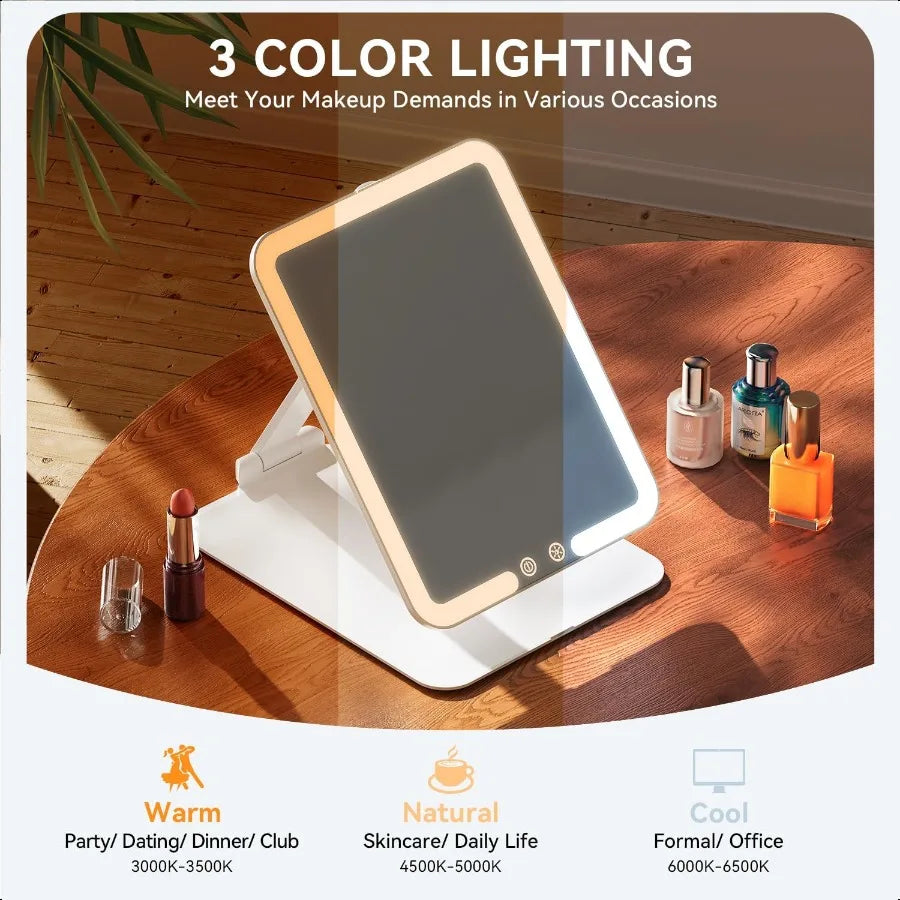 Rechargeable Travel Makeup Mirror Portable Travel Lighted Makeup Mirror with 3 Color Modes Dimmable Compact Silm Tabletop LED V
