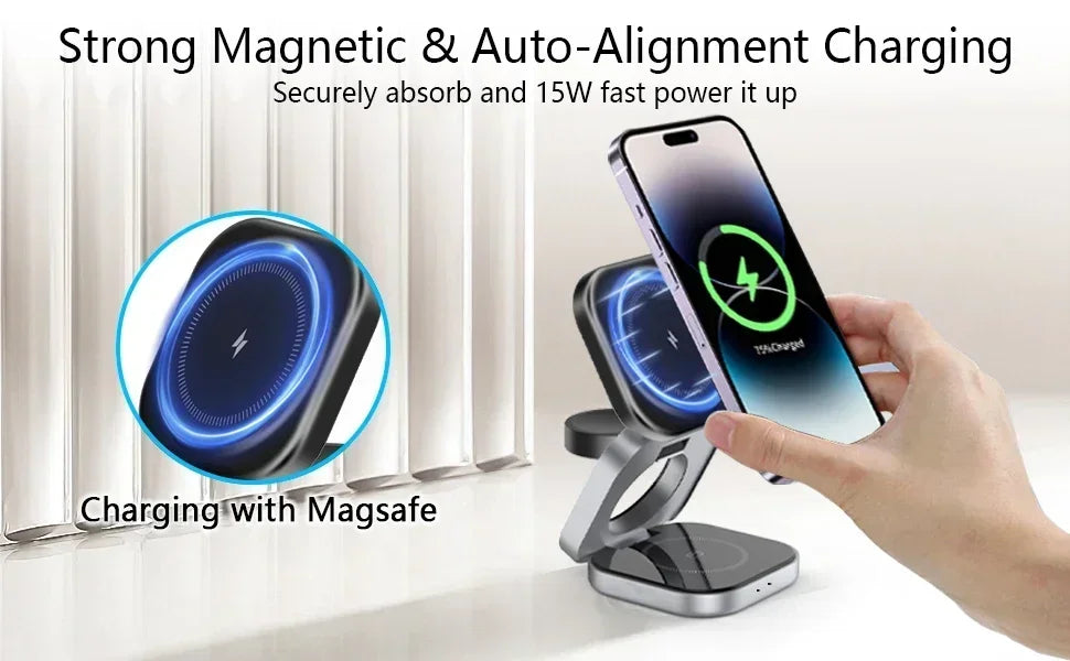 3 In 1 Magnetic Wireless Charger Stand For iPhone 16 15 14 Pro Max IWatch AirPods 3/2 Foldable Fast Charging Holder Dock Station