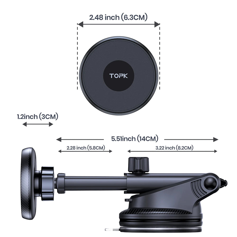 TOPK Mag-Safe Car Phone Holder Magnetic Phone Car Mount for Windshield and Dashboard Strong Suction Magnet Adjustable Long Arm