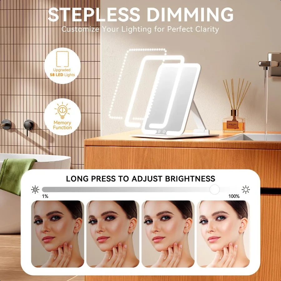 Rechargeable Travel Makeup Mirror Portable Travel Lighted Makeup Mirror with 3 Color Modes Dimmable Compact Silm Tabletop LED V
