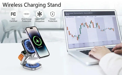 3 In 1 Magnetic Wireless Charger Stand For iPhone 16 15 14 Pro Max IWatch AirPods 3/2 Foldable Fast Charging Holder Dock Station