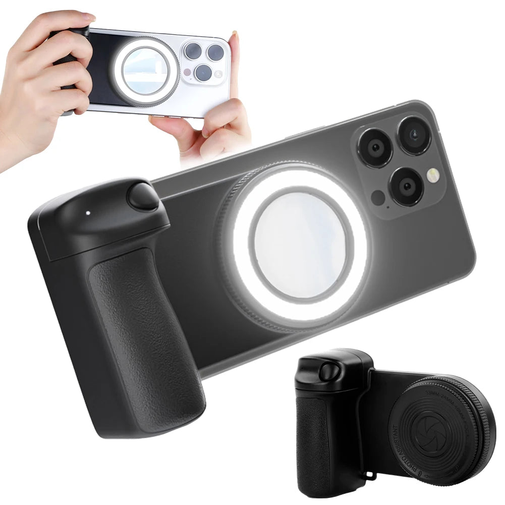 For Magsafe Bluetooth-Compatible Shutter Phone Hand Grip Camera Handle Grip Selfie Stablizer with Fill Light & Reflective Mirror
