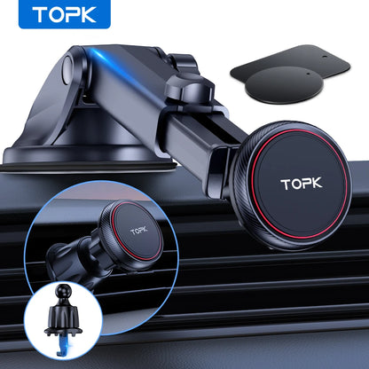 TOPK Magnetic Car Phone Mount, N52 Strong Magnet Dashboard Windshield Suction Cup Car Phone Holder Adjustable Telescopic Arm