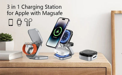 3 In 1 Magnetic Wireless Charger Stand For iPhone 16 15 14 Pro Max IWatch AirPods 3/2 Foldable Fast Charging Holder Dock Station