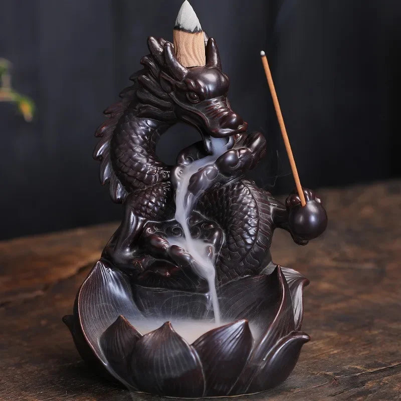 Lotus Dragon Ceramic Home Ornaments Waterfall Backflow Incense Burner Incense Stick Holder Dragon Censer