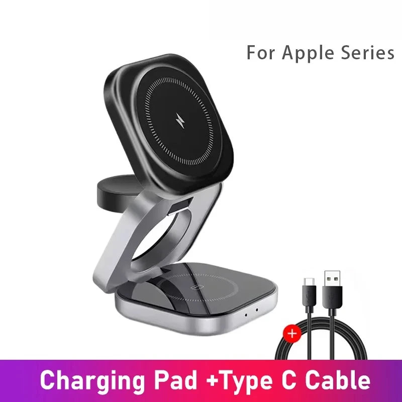 3 In 1 Magnetic Wireless Charger Stand For iPhone 16 15 14 Pro Max IWatch AirPods 3/2 Foldable Fast Charging Holder Dock Station