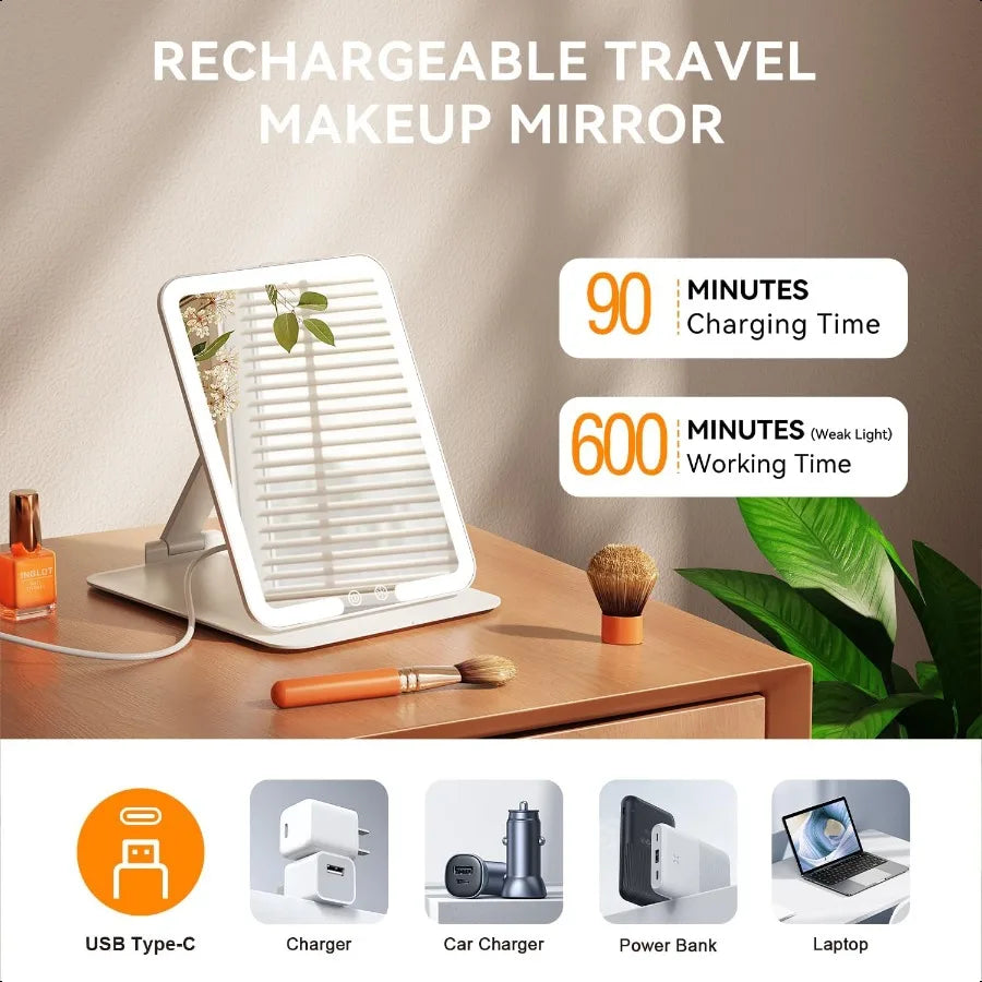 Rechargeable Travel Makeup Mirror Portable Travel Lighted Makeup Mirror with 3 Color Modes Dimmable Compact Silm Tabletop LED V