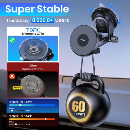 TOPK Mag-Safe Car Phone Holder Magnetic Phone Car Mount for Windshield and Dashboard Strong Suction Magnet Adjustable Long Arm