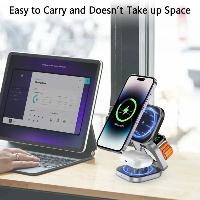 3 In 1 Magnetic Wireless Charger Stand For iPhone 16 15 14 Pro Max IWatch AirPods 3/2 Foldable Fast Charging Holder Dock Station