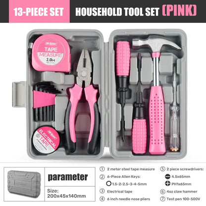 13PCS Tool Set General House hold Hand Tool Kit with Plastic Toolbox Storage Case Used to Car repair And home Repair