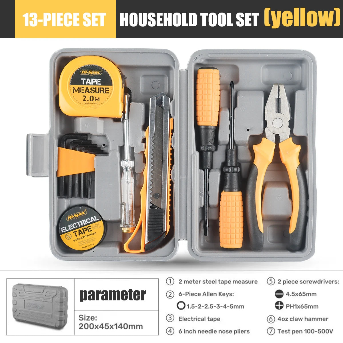 13PCS Tool Set General House hold Hand Tool Kit with Plastic Toolbox Storage Case Used to Car repair And home Repair