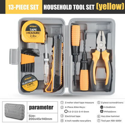 13PCS Tool Set General House hold Hand Tool Kit with Plastic Toolbox Storage Case Used to Car repair And home Repair